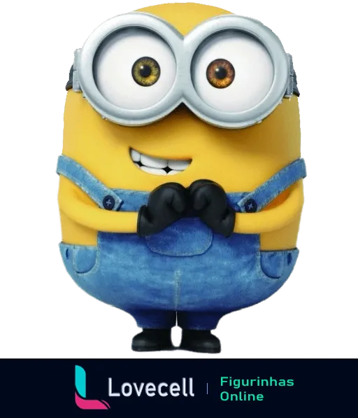 Figurinha de Minion sorridente com braços cruzados, óculos redondos, roupa de jardineiro jeans e luvas pretas, fundo neutro.