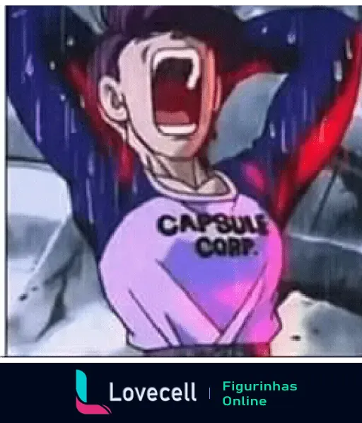 Personagem de Dragon Ball Z vestindo uma camiseta da Capsule Corp. e gritando com intensidade, energia roxa e vermelha ao redor.