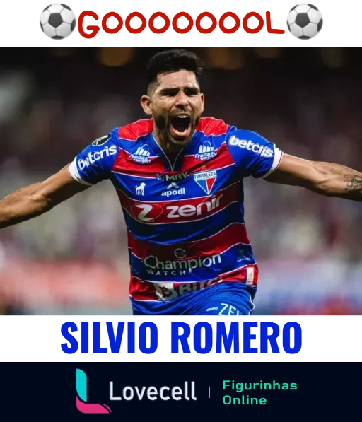 Silvio Romero, jogador do Fortaleza, comemora gol com alegria, vestindo uniforme azul e vermelho com logos da Betcris e 22bet