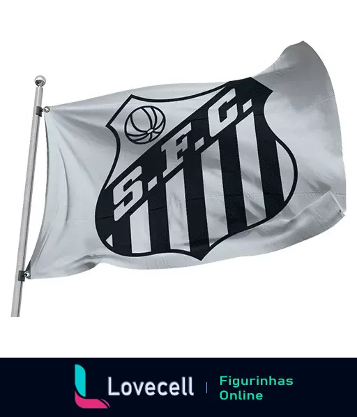 Bandeira do Santos Futebol Clube com listras pretas e brancas, escudo central com bola de futebol e iniciais S.F.C.