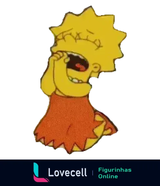 Lisa Simpson rindo com os olhos fechados e boca aberta em um largo sorriso, mão perto do rosto, em uma expressão de diversão