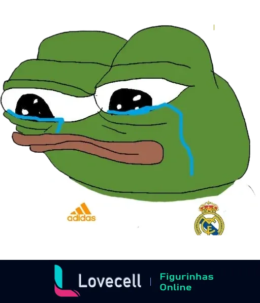 Figurinha de sapinho chorando com lágrimas descendo dos olhos, com logos do Real Madrid e Adidas na parte inferior.