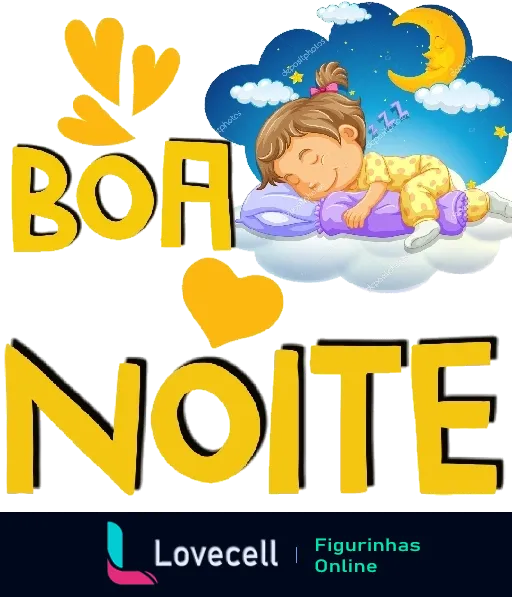 Figurinha de 'Boa Noite' mostrando criança dormindo em nuvem, vestida de pijama amarelo com estrelas, com a frase 'Boa Noite' em letras adornadas