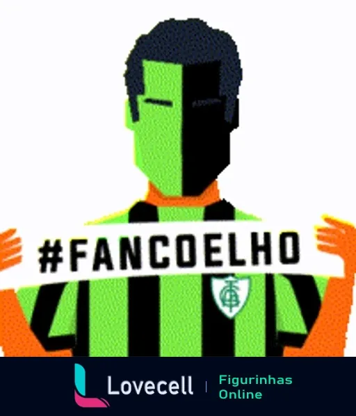 Animação de um torcedor de futebol com pele verde e camisa listrada em verde e preto segurando um cartaz '#FANCOELHO'.