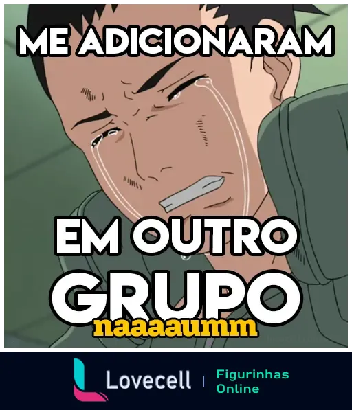 Figurinha da pasta 'PARA NERDS SOCIALIZAREM' mostrando a reação de um personagem animado chorando, com o texto 'Me adicionaram em outro grupo naaaaumm'.