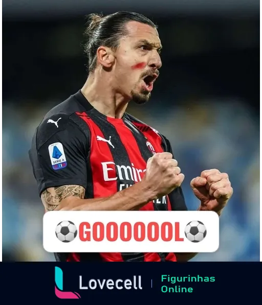 Figurinha do WhatsApp mostrando jogador do Milan comemorando gol, vestindo uniforme vermelho e preto com logos da Emirates e Puma, palavra 'GOOOOOOL' com ícones de futebol ao lado