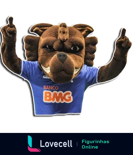 Mascote do Cruzeiro vestindo uniforme patrocinado pelo Banco BMG e fazendo gesto com as mãos levantadas e dedos indicadores apontados.