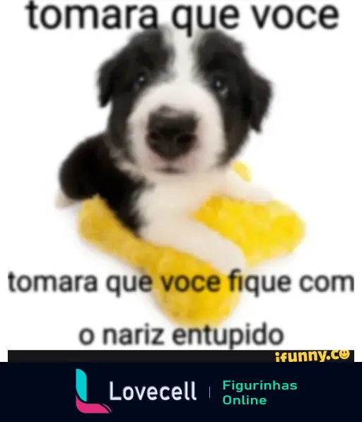 Meme de um filhote de cachorro com a frase 'tomara que você fique com o nariz entupido' em cima e embaixo. O cachorro está em uma superfície macia.