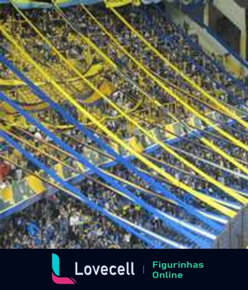 Torcida do Boca Juniors animada no estádio com faixas e bandeiras azul e amarelo durante jogo de futebol