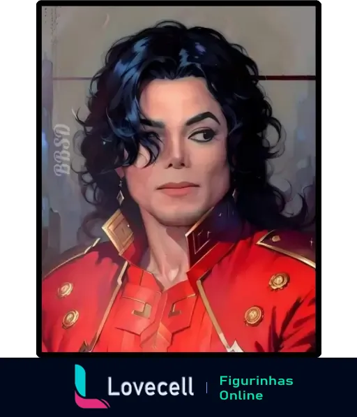 Ilustração detalhada de Michael Jackson, usando uma jaqueta vermelha com detalhes dourados e cabelos cacheados. Arte com estilo realista.