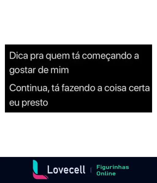 Figurinha de WhatsApp com fundo preto e texto em branco dizendo 'Dica pra quem tá começando a gostar de mim: Continue, tá fazendo a coisa certa eu presto', expressando uma mensagem divertida e confiante sobre autovalorização