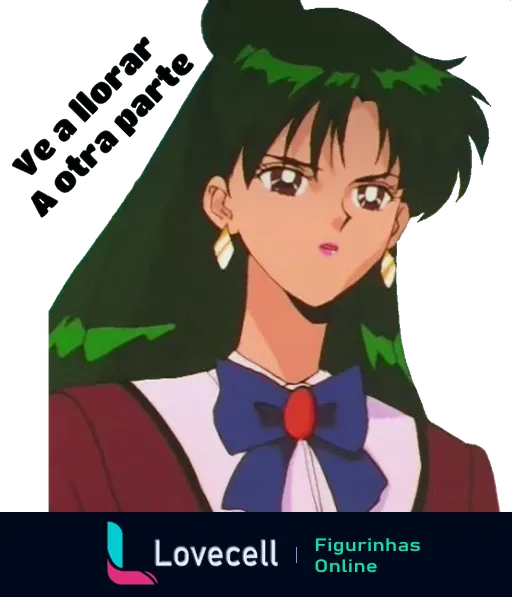 Sailor Pluto com expressão séria e uniforme escolar, acompanhada da frase irônica 'Ve a llorar a otra parte'.