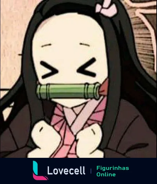 Figurinha de Kamado Nezuko, personagem do anime, feliz e com olhos fechados, usando um acessório de bambu na boca e vestindo kimono.