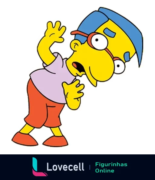 Figurinha de Milhouse Van Houten dos Simpsons assustado, com camiseta roxa, shorts vermelhos e óculos azuis