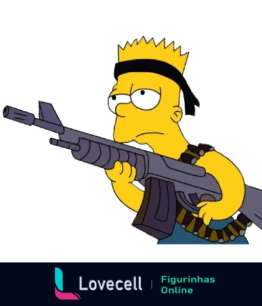 Bart Simpson vestido com roupa de combate segurando uma arma de longo alcance com expressão séria