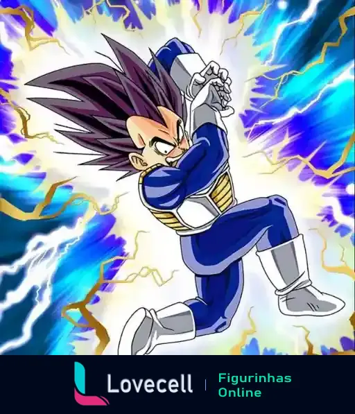 Super Vegeta mostra seu poder supremo durante uma luta explosiva, com eletricidade em volta, pronto para atacar com força total.