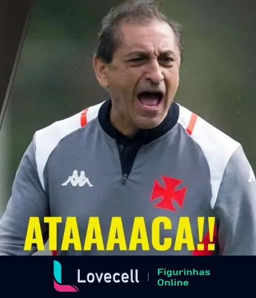 Treinador do Vasco da Gama gritando 'ATAAAACA!!' durante um jogo, vestindo jaqueta com símbolo do clube