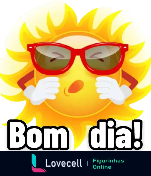 Ilustração animada do sol usando óculos de sol vermelhos e mandando um beijo com a mensagem 'Bom dia!' embaixo. Ideal para saudações matinais.