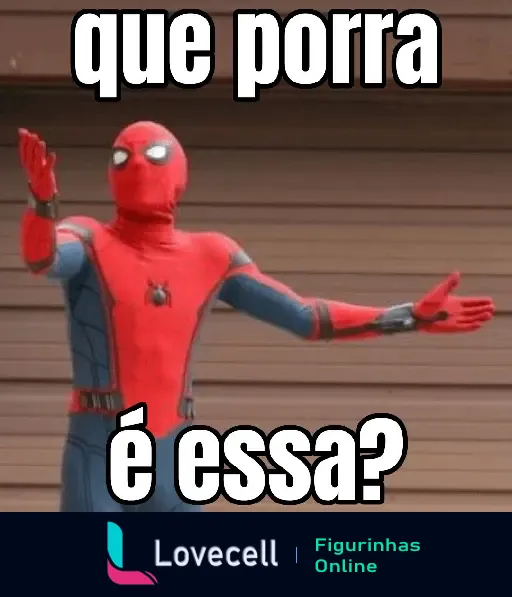 Homem Aranha confuso, gesticulando com as mãos abertas, perguntando 'que porra é essa?'. Figura popular em memes do Homem Aranha.