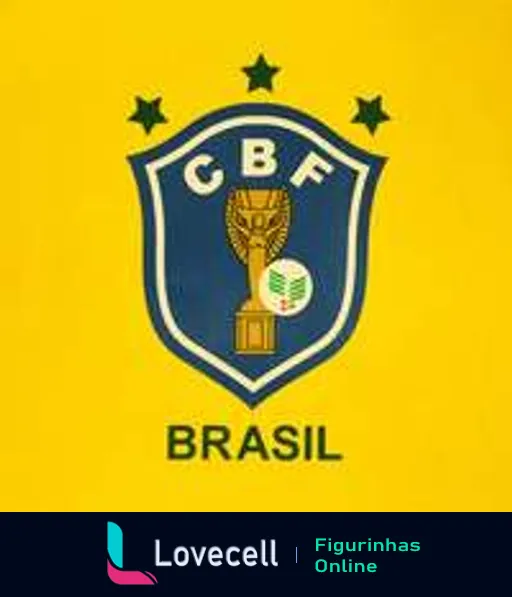 Figurinha do escudo da Confederação Brasileira de Futebol (CBF) com fundo amarelo, quatro estrelas, troféu de campeão mundial e as palavras 'Brasil' e 'CBF' visíveis