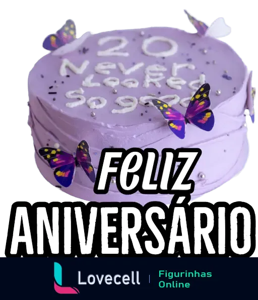 Figurinha de WhatsApp de feliz aniversário com bolo decorado, borboletas e texto criativo