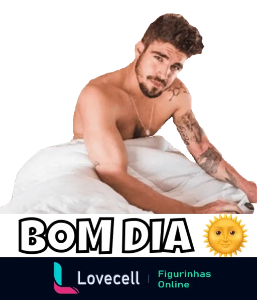 Figurinha de Bom Dia com Caio Castro sem camisa, sentado na cama, olhar relaxado e sedutor com a frase BOM DIA e emoji de sol sorridente