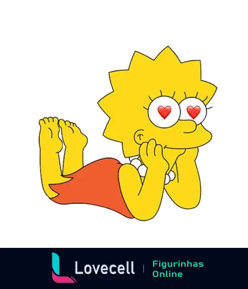 Lisa Simpson deitada de barriga para baixo com olhos em formato de coração e vestido vermelho, expressando paixão