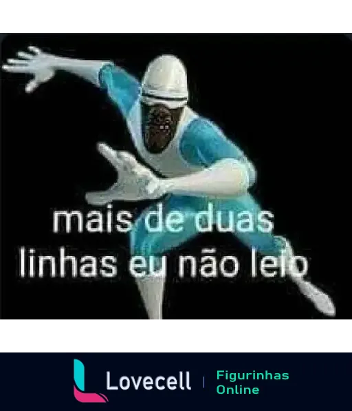 Imagem de um personagem de super-herói em traje azul e branco em posição dinâmica de ação. Texto na imagem: 'mais de duas linhas eu não leio'. Título: 'Mais de duas linhas eu não leio'. Tags: 'mais de duas linhas eu não leio, Os Incríveis, Disney, Gelado'.