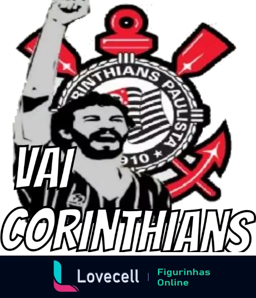 Figurinha do escudo do Corinthians com jogador barbudo comemorando, texto 'Vai Corinthians' evocando apoio dos torcedores