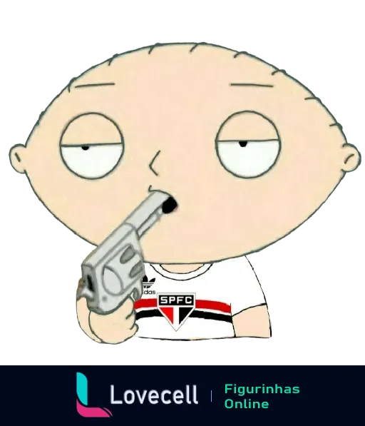 Stewie Griffin de 'Family Guy' com expressão séria, vestido com a camisa do São Paulo Futebol Clube e segurando uma arma