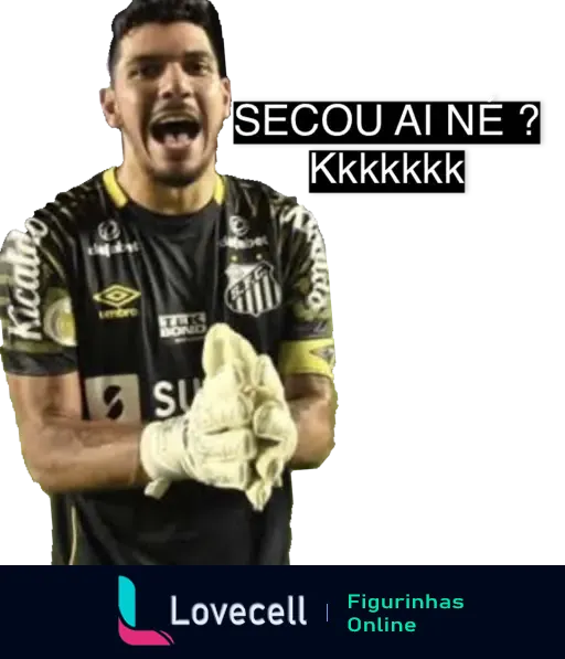 Figurinha de WhatsApp mostrando jogador de futebol do Santos zombando com a frase 'Secou aí né? Kkkkkkk' em um fundo relacionado ao jogo