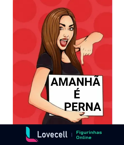 Ilustração de uma mulher sorrindo e apontando para um cartaz que diz 'Amanhã é Perna', promovendo motivação para treinos de pernas no contexto fitness.