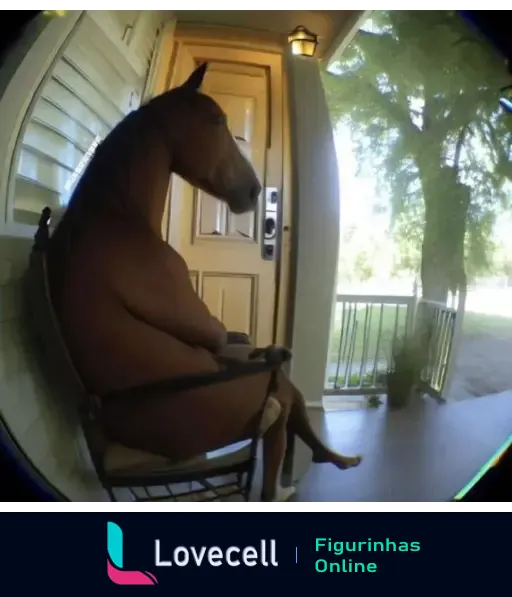 Cavalo sentado de forma relaxada em uma cadeira na porta de uma casa, com expressão tranquila e ambiente ensolarado.