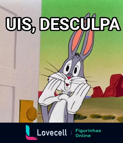 Figurinha do Pernalonga olhando surpreso para a frente, com a frase 'UIS, DESCULPA'. Personagem clássico de desenho animado com expressão engraçada.