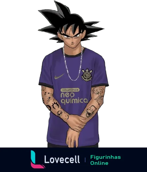 Goku com tatuagens nos braços e usando camisa do Corinthians roxa com patrocinador Neo Química. Mistura de anime e futebol.