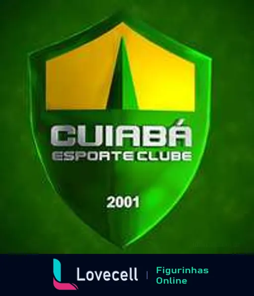 Figurinha do escudo do Cuiabá Esporte Clube com escudo verde, detalhes amarelos, letras 'A', 'C' e 'B' entrelaçadas e ano de fundação 2001