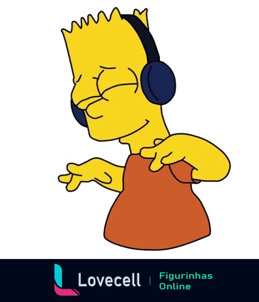 Bart Simpson relaxando e ouvindo música com fones de ouvido, fazendo gesto de dança com as mãos, expressão contente