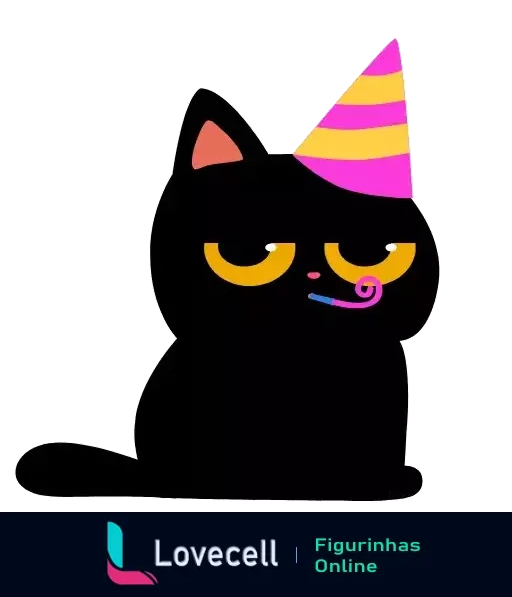 Gif animado de um gato preto usando chapéu de festa e com uma língua de sogra colorida. O felino está cercado por confetes em um clima de celebração.