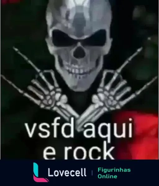 Imagem de uma caveira usando um chapéu metálico com as mãos esqueléticas cruzadas no peito. Texto na imagem: 'vsfd aqui e rock'.