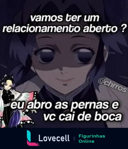 Figurinha com texto humorístico sobre relacionamento aberto. Frases: 'vamos ter um relacionamento aberto?' e 'eu abro as pernas e vc cai de boca'. Personagens estilizados.