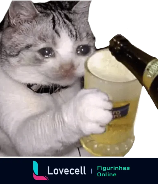 Gato de pelos brancos e cinzas segurando caneca de cerveja cheia, com expressão triste e olhos lacrimejantes. Pasta: Gatinhos Chorando.