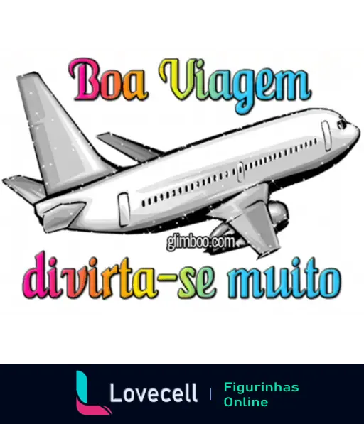 Desenho de um avião com texto 'Boa Viagem divirta-se muito' em letras coloridas acima e abaixo do avião.