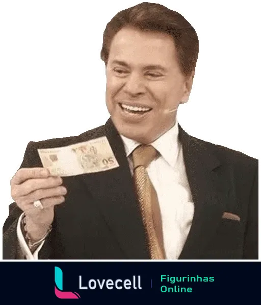 Silvio Santos sorridente vestindo terno e segurando uma nota de dinheiro, expressando alegria e entusiasmo