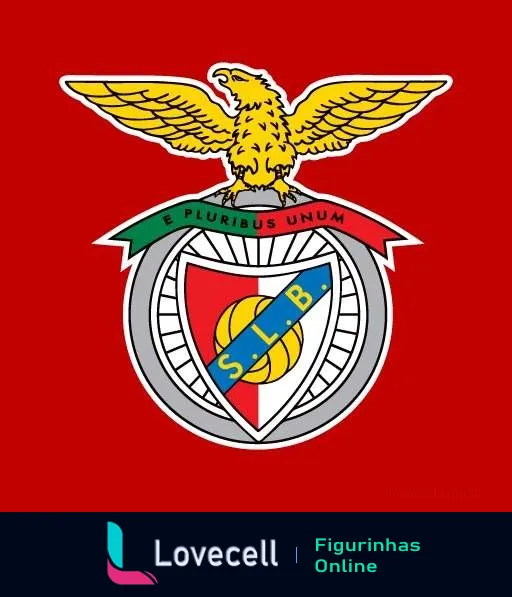 Emblema do Sport Lisboa e Benfica com águia, escudo 'SLB', roda de bicicleta e lema 'E Pluribus Unum'