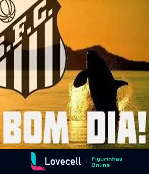 Figurinha do WhatsApp Bom Dia com logo do Santos Futebol Clube, pôr do sol vibrante e baleia orca saltando sobre o mar, com a frase 'BOM DIA!' abaixo