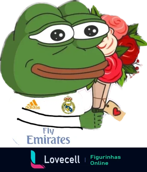 Sapo famoso vestindo camisa do Real Madrid segurando buquê de rosas. Camisa branca com logos Adidas e Fly Emirates.