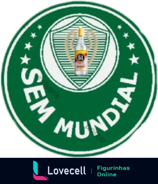 Figurinha do escudo do Palmeiras com o texto 'SEM MUNDIAL' e uma garrafa de cachaça 51 no centro, em tom de brincadeira entre torcedores