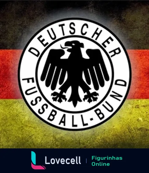 Logotipo da Deutscher Fussball-Bund em fundo texturizado, com cores da bandeira da Alemanha (preto, vermelho e amarelo) e águia no centro.