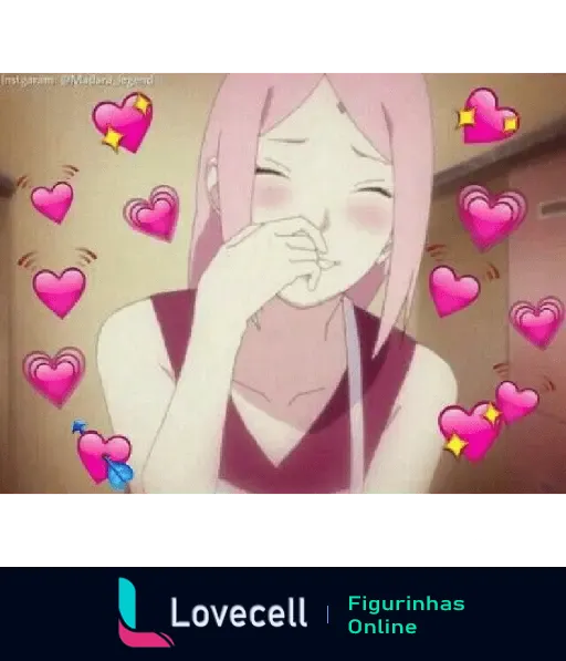 Figurinha de personagem feminina do anime Naruto com cabelo rosa, sorrindo e rosto ruborizado, cercada por corações rosas representando amor e carinho.