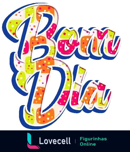 Figurinha com a frase 'Bom Dia' em letras artísticas coloridas e decoradas com padrões de bolinhas multicoloridas, transmitindo um estilo alegre e vibrante